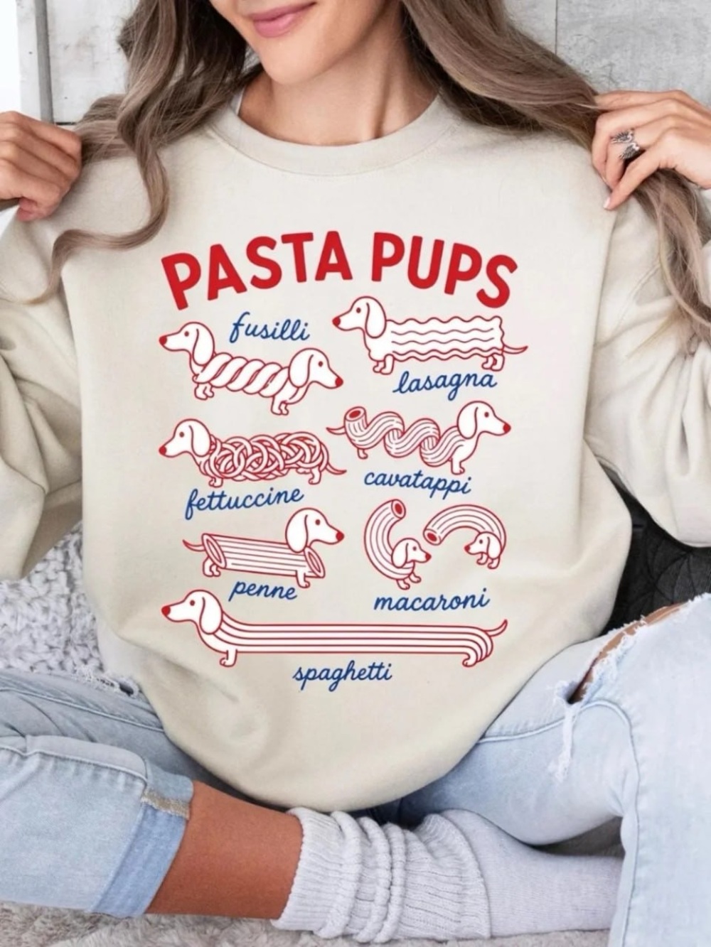 Cream Pasta Pups Red & Navy Graphic Sweatshirt